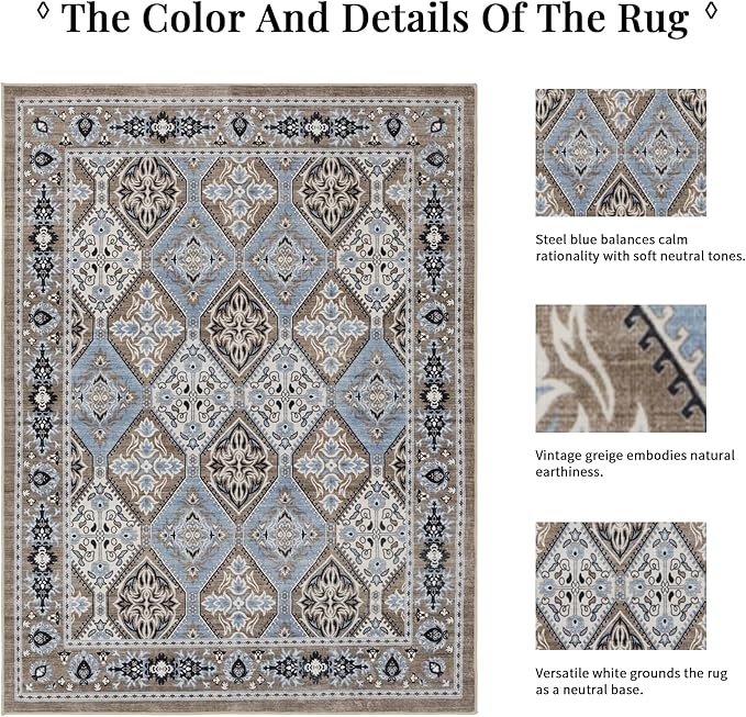 Area Rug for Living Room - Vintage Indoor Machine Washable Rug for Bedroom Dinning Room Floor - Soft Low-Pile Carpet Non-Slip Backing Floral Rugs for Office (Blue/Brown, 9' × 12')