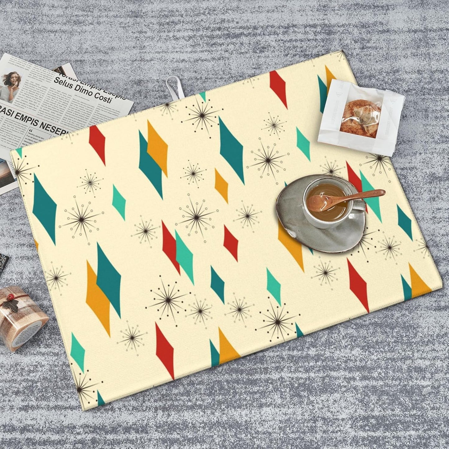 Mid Century Modern Dish Drying Mat for Kitchen Counter Atomic Retro Drying Pad 18x24 Inch Modern Absorbent Reversible Yellow Dish Drainer Rack Mats