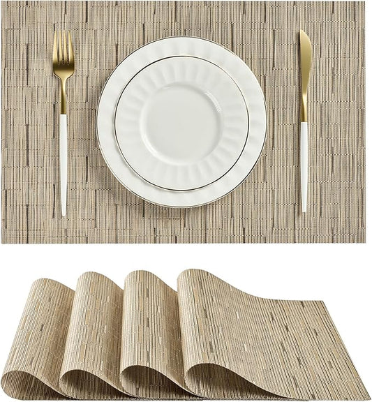 Leetaltree Light Brown Placemats Set of 4 - Heat Resistant Non-Slip Place mats for Dining Table, Washable Durable PVC Vinyl Woven Table Mats（Light Brown, 4）