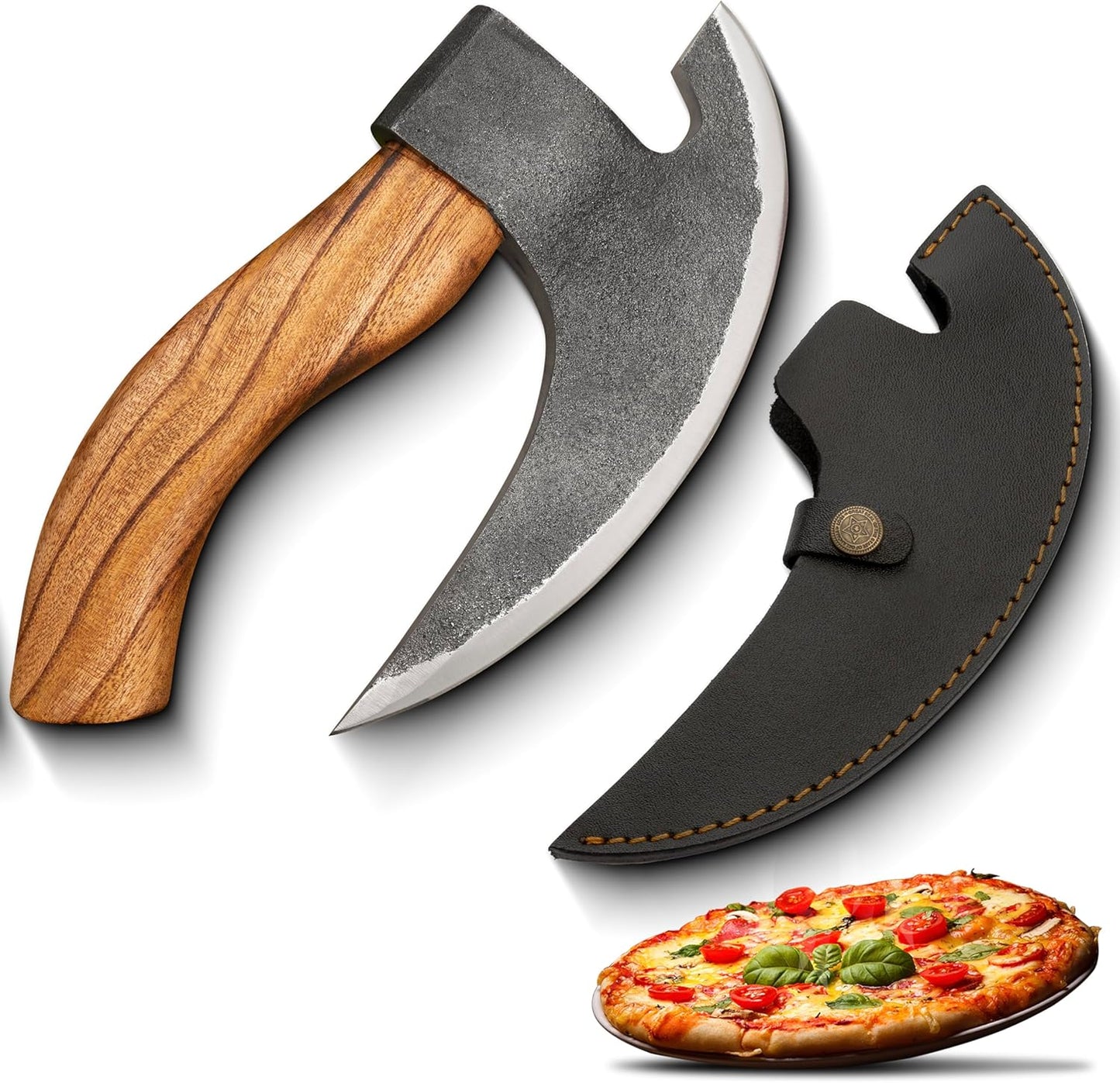 Handmade Viking Pizza Cutter Pizza Axe | Authentic Medieval Pizza Slicer with Ash Wooden Handle & Leather Sheath | Novelty Kitchen Tools for Pizza, Crust Cutting, and More