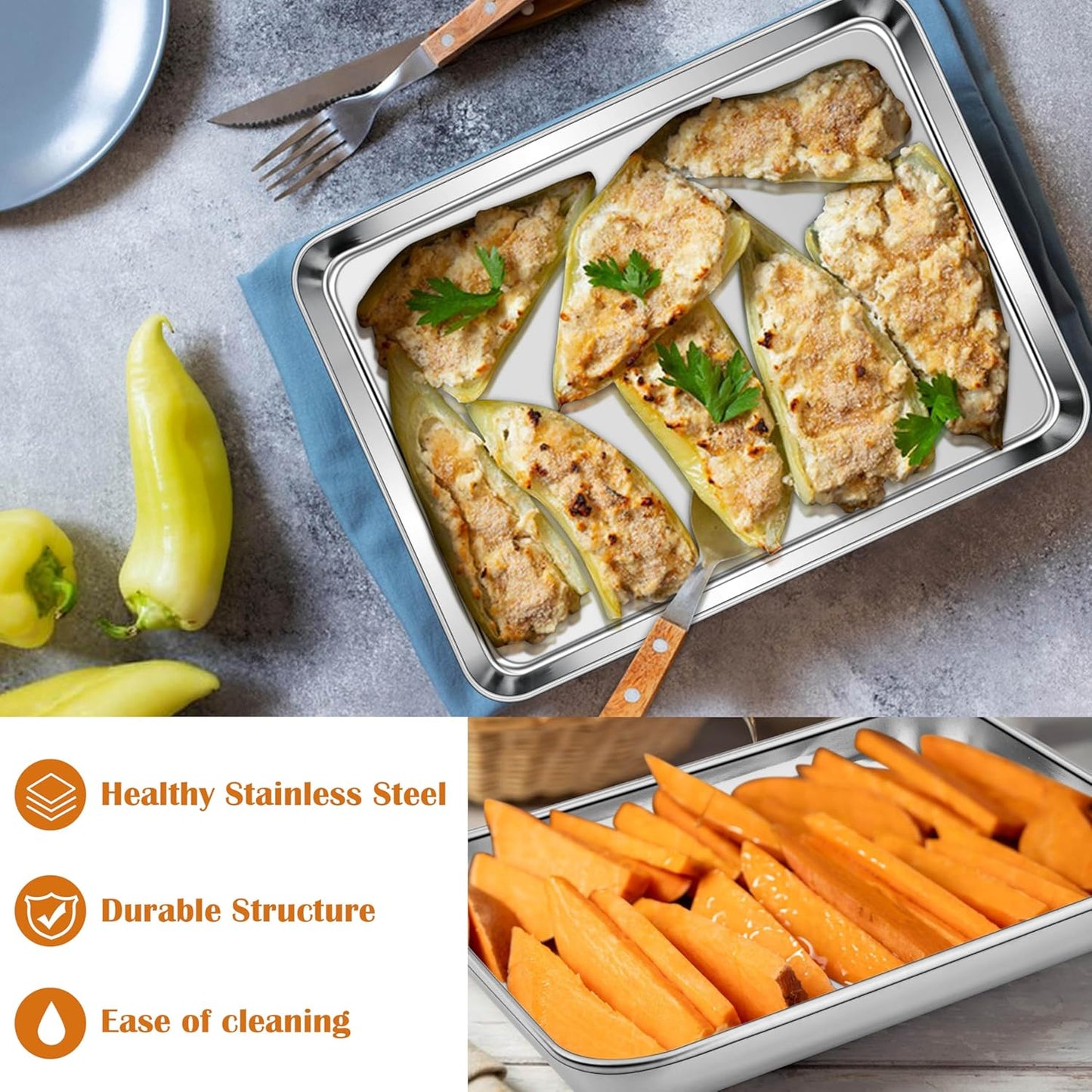 E-far Small Baking Sheet Set of 4, 10.5”x8.3” Stainless Steel Cookie Sheets Pans, Compact Non-toxic Metal Toaster Oven Trays for Cake, Healthy & Rust Free, Mirror Finish & Dishwasher Safe