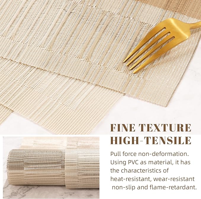 roddyricch Champagne Table mats,Washable placemats,Durable PVC Vinyl Woven Place Mats for Dining Table,Heat Resistant Non-Slip Indoor/Outdoor(6pcs Placemats+1pcs Table Runner)