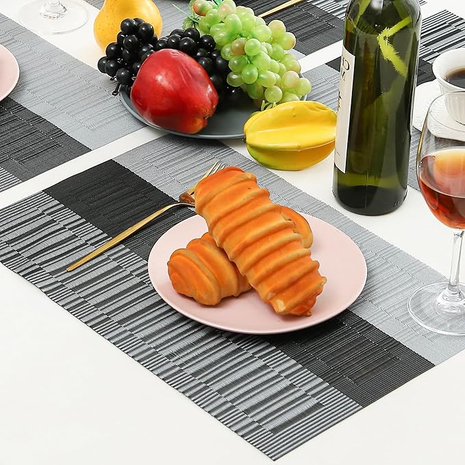 Leetaltree Grey with White Striped Placemats Set of 12 - Heat Resistant Non-Slip Place mats for Dining Table, Washable Durable PVC Vinyl Woven Table Mats（Grey Stripe, 12）