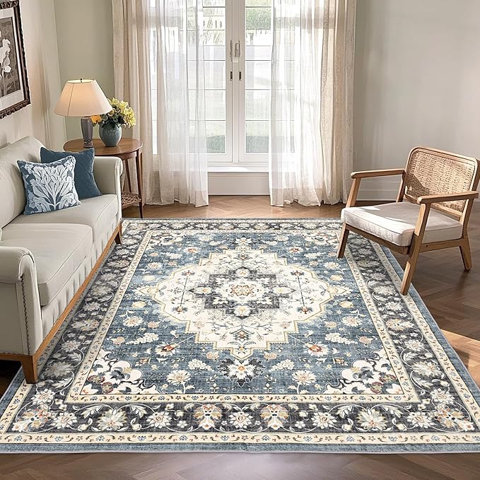 Area Rug for Living Room - Vintage Indoor Machine Washable Rug for Bedroom Dinning Room Floor - Soft Low-Pile Carpet Non-Slip Backing Floral Rugs for Office (Blue/Ivory, 5' × 7')
