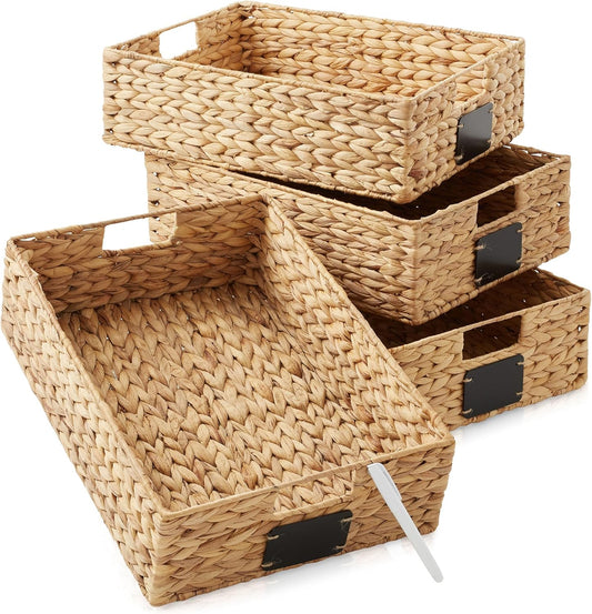 Casafield Set of 4 Water Hyacinth Pantry Baskets, 12-1/2" x 17" x 5", with Chalkboard Labels and Chalk Marker - Natural, Woven Storage Bin Organizers for Kitchen Shelves
