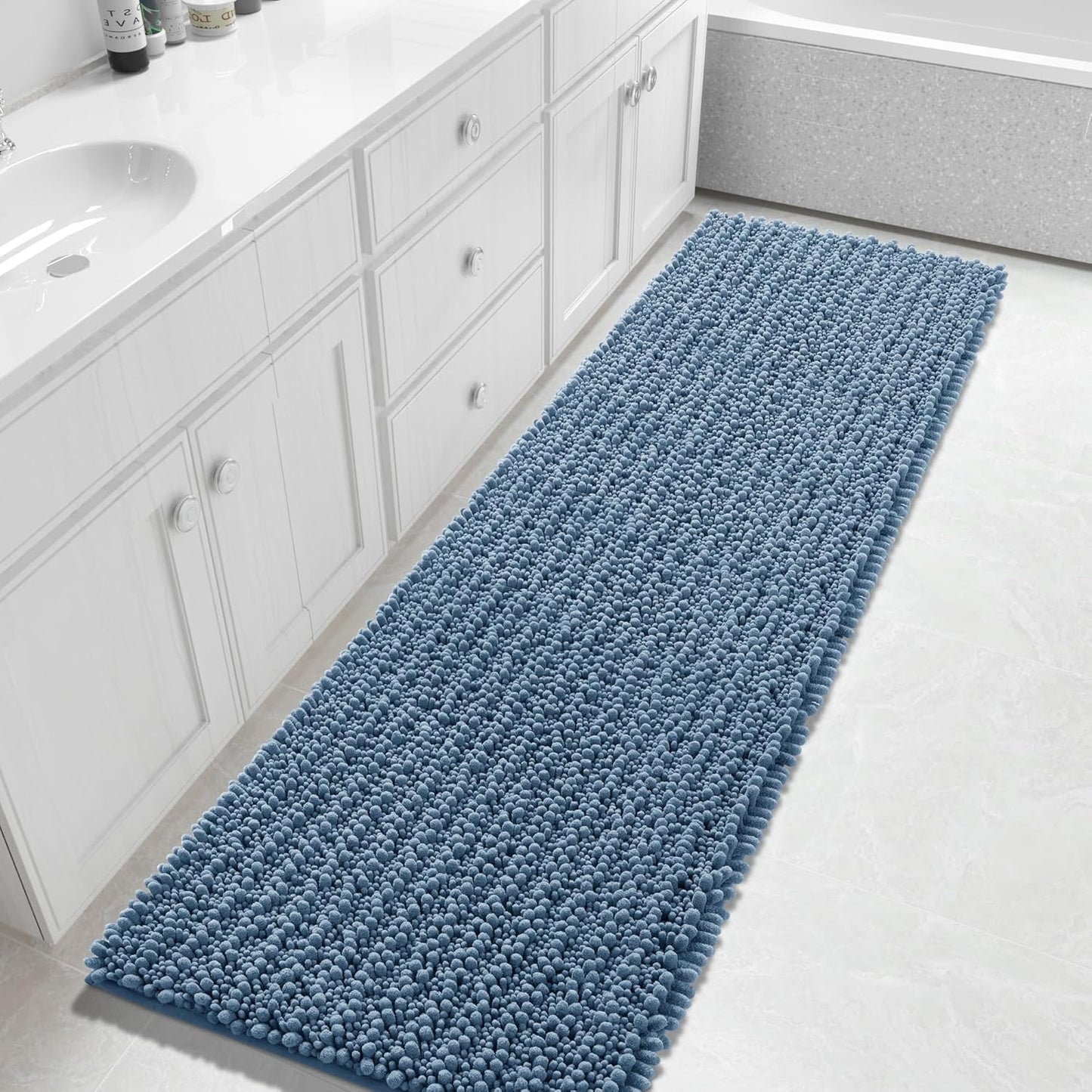 Yimobra Bathroom Runner Rug 70x24 Inch - Extra Long Non Slip Chenille Bath Mat, Soft & Absorbent, Machine Washable Shaggy Hallway Carpet for Vanity Tub Shower, Denim Blue Home Decor Accessories
