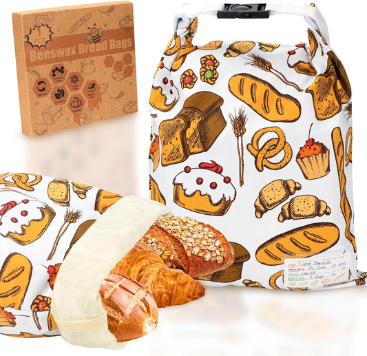Reusable Beeswax Bread Bag for Homemade Bread & Sourdough Loaf, Fridge-Safe Storage Container with Dual-Zip Freshness Lock & Food Lables Note Dates on, Natural Cotton and Beeswax Lining Keep Fresh