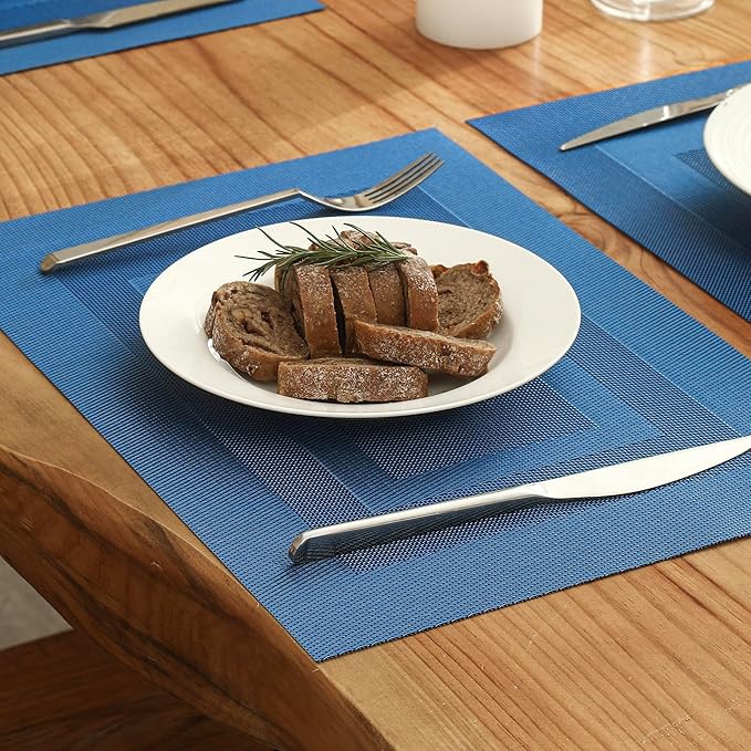Leetaltree Blue Frame Placemats Set of 12 - Heat Resistant Non-Slip Place mats for Dining Table, Washable Durable PVC Vinyl Woven Table Mats（Blue Frame, 12）