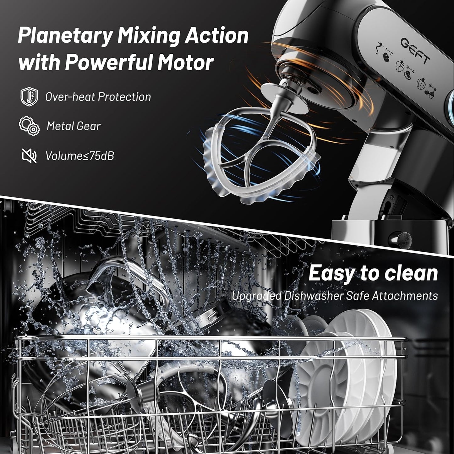 Stand Mixer, 3.5QT+6QT Two Bowls Kitchen Electric Mixer, 600W 6+P speed Tilt-Head Food Mixer with Stainless Steel Bowl, Dishwasher-Safe Dough Hook, Flat Beater, Wire Whisk, Splash Guard, Black