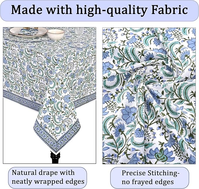 Ridhi Columbia Blue Hand Block Print Cotton Rectangle Tablecloth 118 x 70 inches Reusable Table Cover Decorative Everyday Use for Dining Room, Farmhouse, Home, Party, Festive & Wedding, Fall