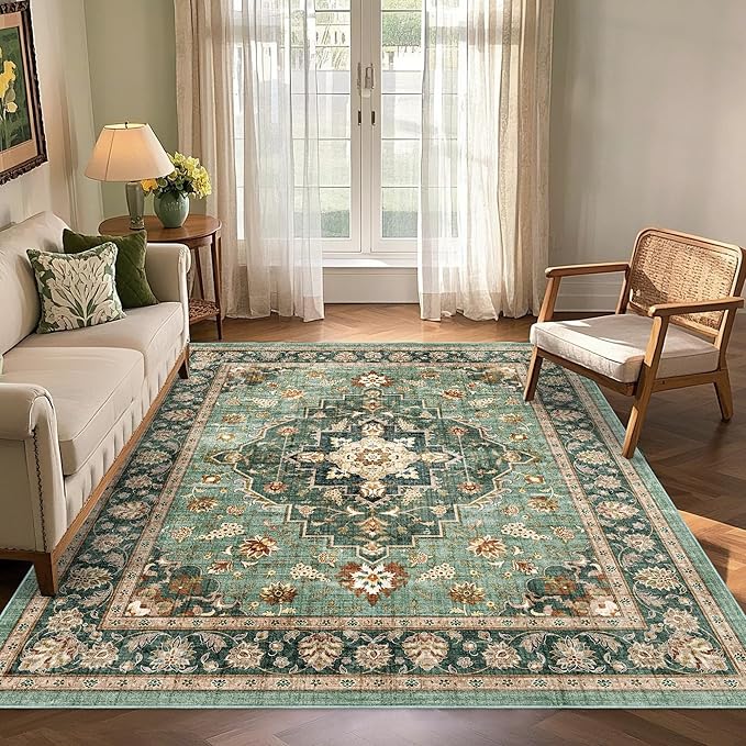 Area Rug for Living Room - Vintage Indoor Machine Washable Rug for Bedroom Dinning Room Floor - Soft Low-Pile Carpet Non-Slip Backing Floral Rugs for Office (Forest Green, 5' × 7')