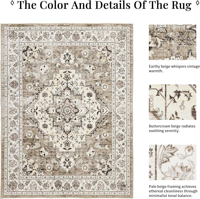 Area Rug for Living Room - Vintage Indoor Machine Washable Rug for Bedroom Dinning Room Floor - Soft Low-Pile Carpet Non-Slip Backing Floral Rugs for Office (Ivory/Beige, 9' × 12')
