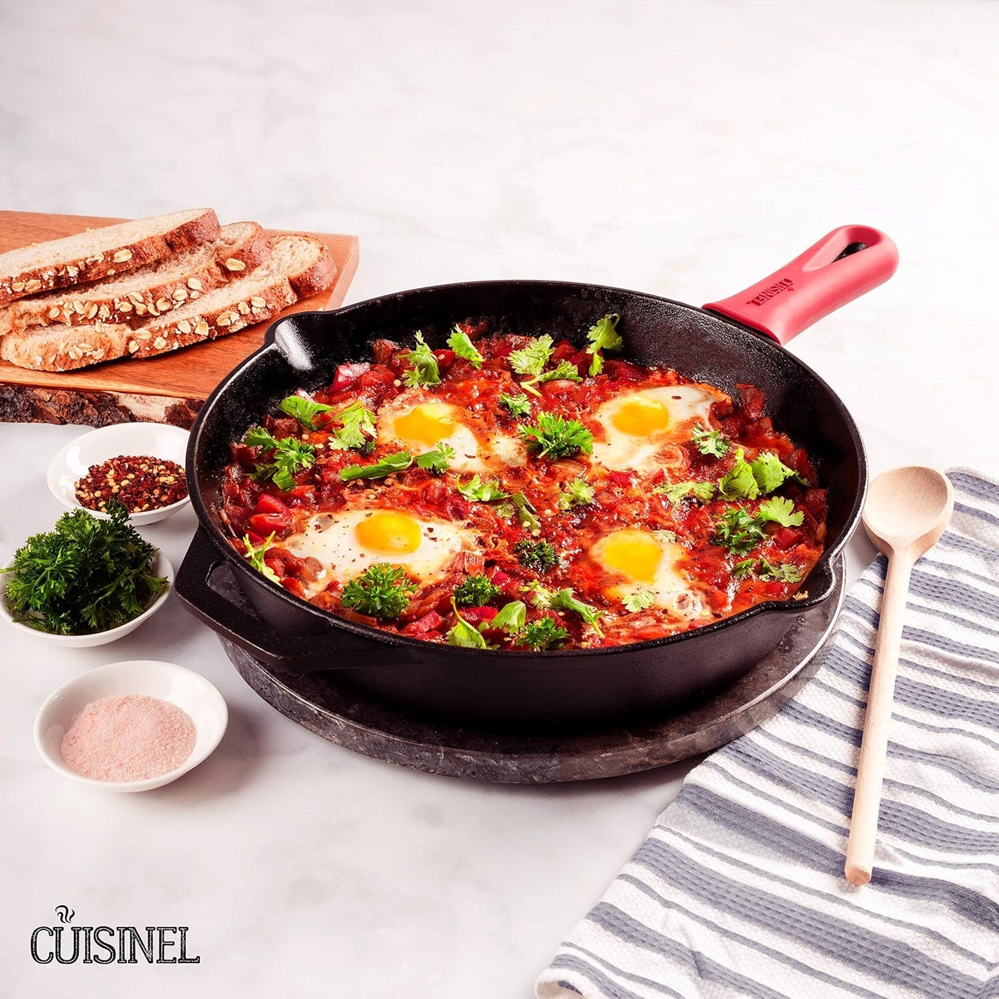 Cuisinel Cast Iron Skillet - 12"-Inch Frying Pan with Assist Handle + Red Silicone Grip Cover - Pre-Seasoned Oven Safe Cookware - Indoor/Outdoor Use - Grill, Stovetop, Induction, BBQ and Firepit Safe
