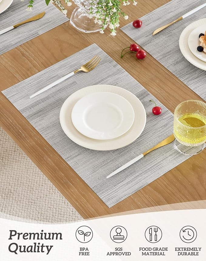 Leetaltree Lightsteel Black Placemats Set of 8 - Heat Resistant Non-Slip Place mats for Dining Table, Washable Durable PVC Vinyl Woven Table Mats (Lightsteel Black, 8)