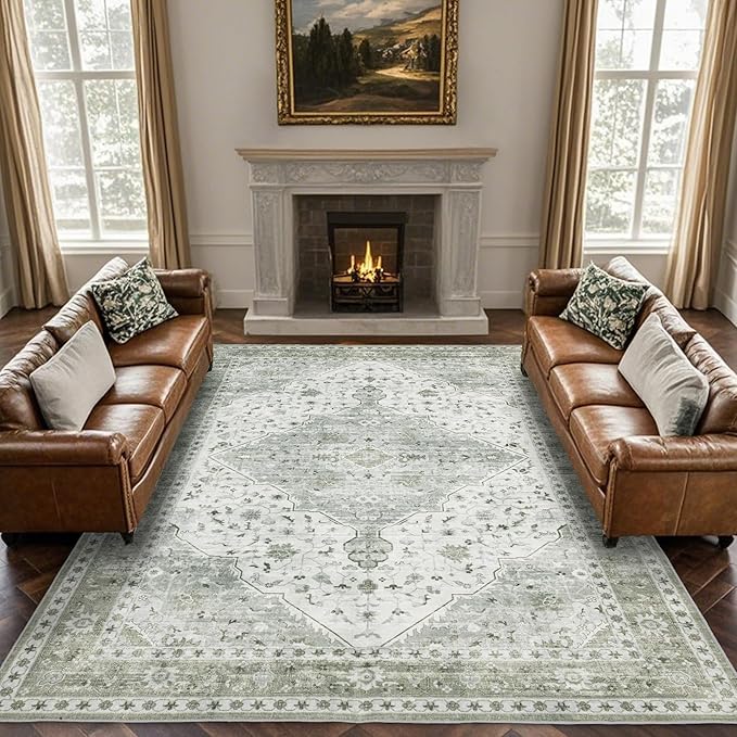 Area Rug for Living Room - Vintage Indoor Machine Washable Rug for Bedroom Dinning Room Floor - Soft Low-Pile Carpet Non-Slip Backing Floral Rugs for Office (Sage Green, 8' × 10')