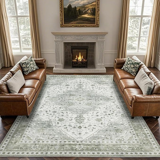 Area Rug for Living Room - Vintage Indoor Machine Washable Rug for Bedroom Dinning Room Floor - Soft Low-Pile Carpet Non-Slip Backing Floral Rugs for Office (Sage Green, 8' × 10')