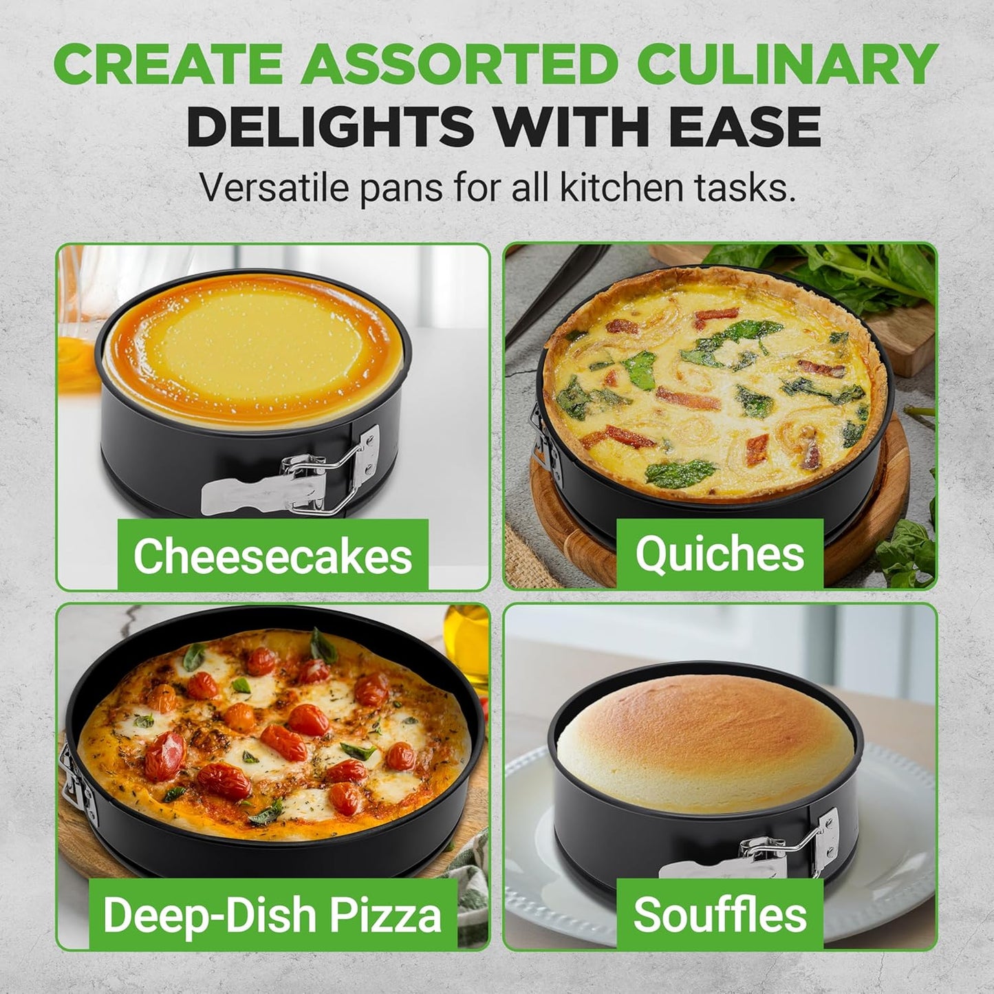 NutriChef 3-Piece Nonstick Springform Pan Set - Premium Carbon Steel Cheesecake Pans with Stainless Steel Clasp - 6", 8", 10" Sizes, Oven Safe up to 450°F - Includes 300pcs Parchment Paper (Black)