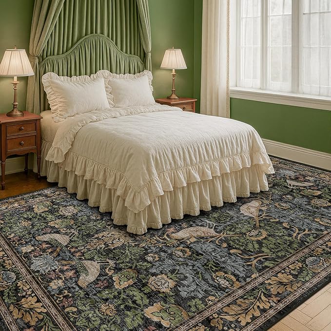 Botanical Brown Rug for Living Room - Washable 10x12 Area Rug for Dining Room Under Table, Extra Large Bedroom - Boho Bird Farmhouse Decor, Soft Low PileNon-Slip & Stain Resistance