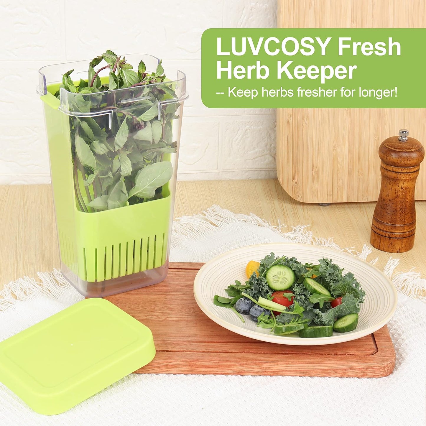 Herb Keeper, BPA-Free Plastic Herb Saver with an Inner Basket for Cilantro, Mint, Parsley, and Asparagus, Keeps Fresh Herbs for 3 Times Longer,1Pcs, Green