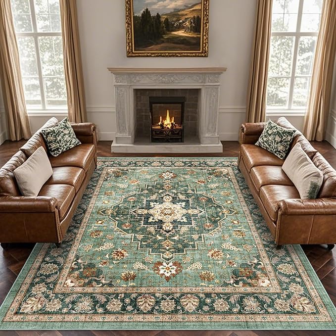 Area Rug for Living Room - Vintage Indoor Machine Washable Rug for Bedroom Dinning Room Floor - Soft Low-Pile Carpet Non-Slip Backing Floral Rugs for Office (Forest Green, 9' × 12')