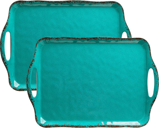 LEHAHA Large Farmhouse Melamine Serving Platters, Serving Tray with Handle for Food, Appetizer, Cupcakes, Dessert, Raised Edge Large Party Platter or TV Dinner Trays, 17.25x12 inch, Set of 2, Teal