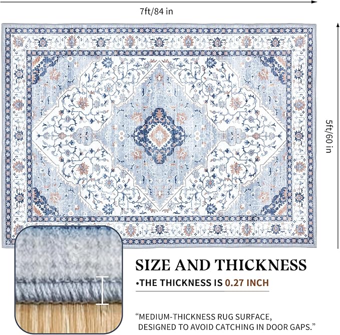 Area Rug for Living Room - Vintage Indoor Machine Washable Rug for Bedroom Dinning Room Floor - Soft Low-Pile Carpet Non-Slip Backing Floral Rugs for Office (Blue/White, 5' × 7')