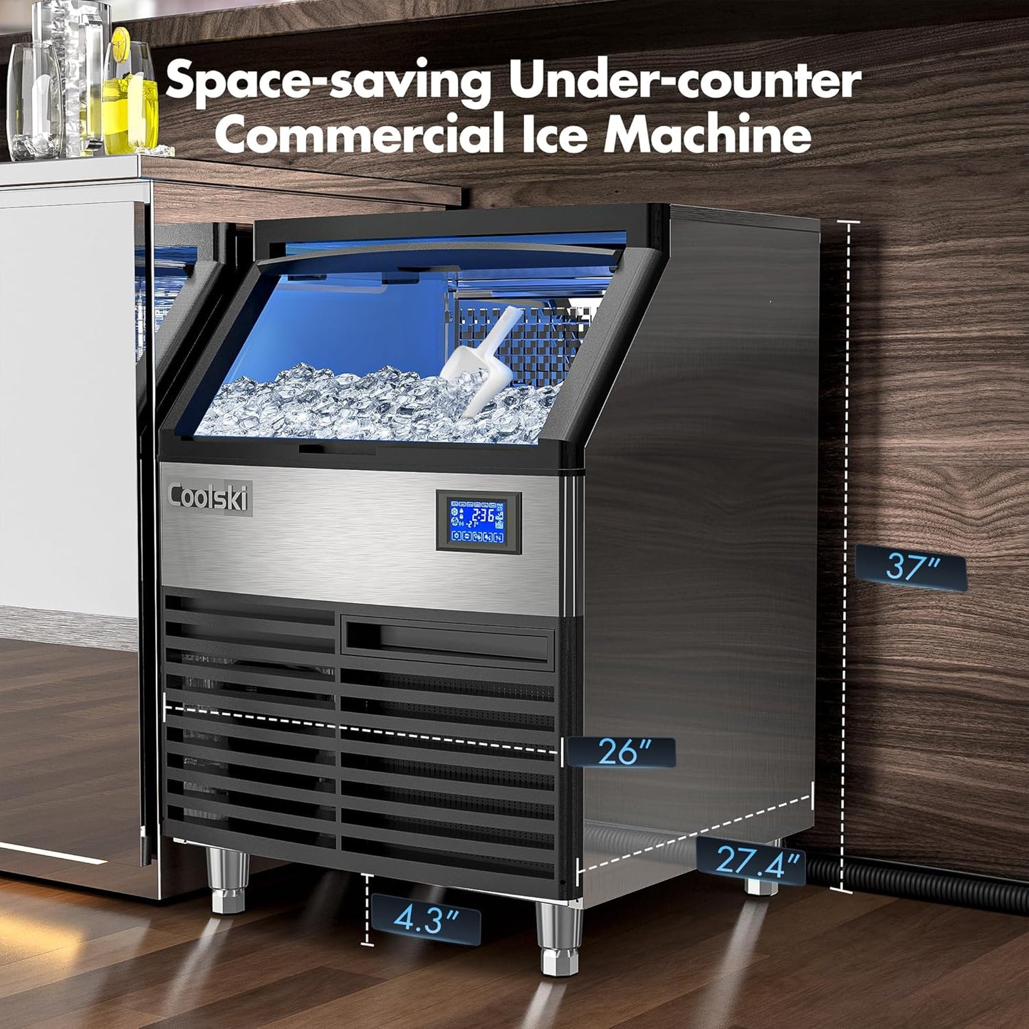 Commercial Ice Maker Machine 260LBS/24H, 26’’ Under Counter Ice Machine with Storage Bin, ETL Approved Ice Maker for Restaurant/Bar/Home, Air Cooled/Clear Ice Cubes/Stainless Steel