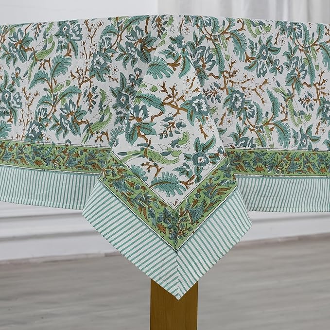 Ridhi Sage and Russian Green Hand Block Print Cotton Rectangle Tablecloth 160 x 72 inch-Reusable Table Cover Decorative Everyday Use for Dining Room, Farmhouse, Thanksgiving, Christmas Wedding, Fall