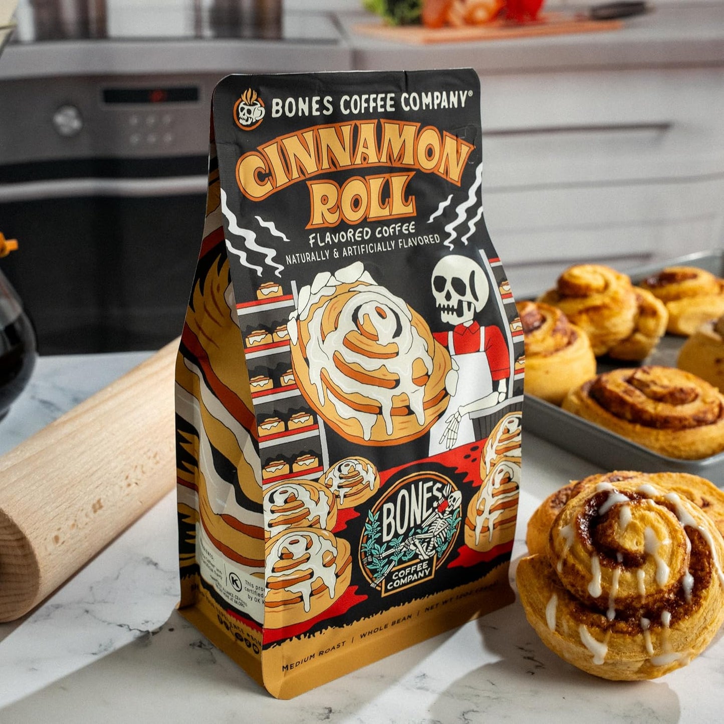 Bones Coffee Company Cinnamon Roll Flavored Coffee, Medium Roast Low Acid Arabica Beans Compatible with Auto drip and French Press Coffee Maker, 12 Oz Whole Bean