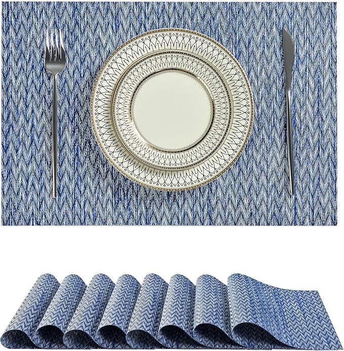 Leetaltree Blue Placemats Set of 8 - Heat Resistant Non-Slip Place mats for Dining Table, Washable Durable PVC Vinyl Woven Table Mats（Blue Zigzag, 8）