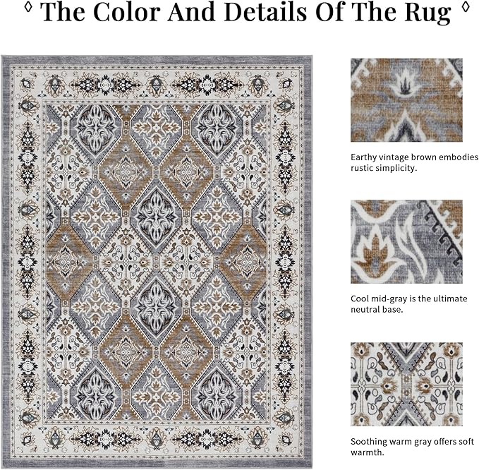 Area Rug for Living Room - Vintage Indoor Machine Washable Rug for Bedroom Dinning Room Floor - Soft Low-Pile Carpet Non-Slip Backing Floral Rugs for Office (Blue/Grey/Brown, 6' × 9')