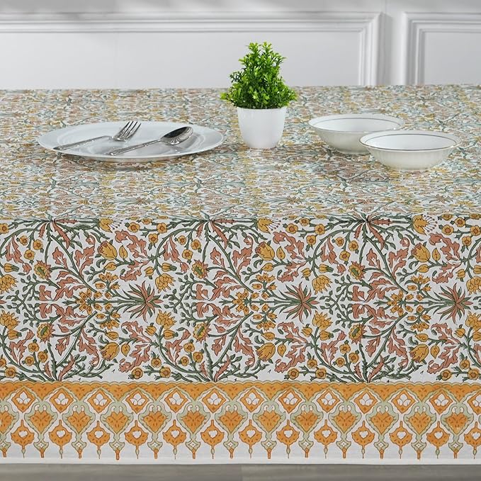 Ridhi Goldenrod Yellow Hand Block Print Cotton Rectangle Tablecloth 190 x 72 inches Reusable Table Cover Decorative Everyday Use for Dining Room, Farmhouse, Home, Party, Festive & Wedding, Fall