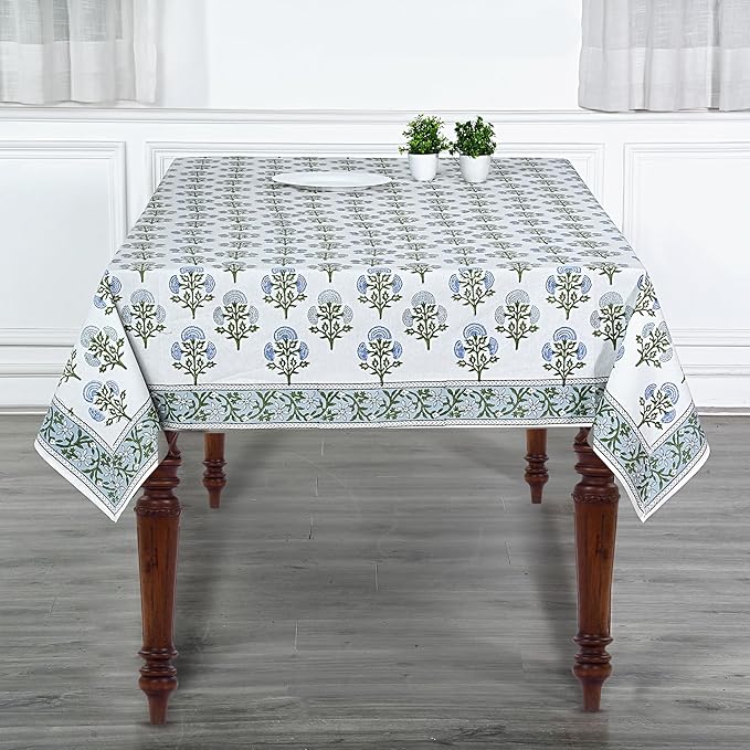 Ridhi Mughal Buta Blue Hand Block Print Cotton Rectangle Tablecloth 90 x 60 inch-Reusable Table Cover Decorative Everyday Use for Dining Room, Farmhouse, Thanksgiving, Christmas Wedding, Fall