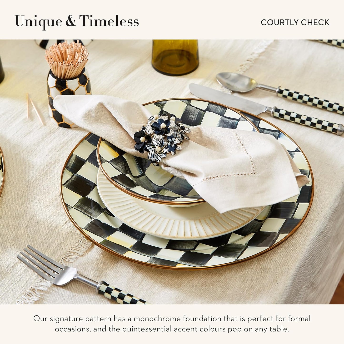 MACKENZIE-CHILDS Enamel Round Tray, Unique Serving Platter for Food and Drinks, Black-and-White Courtly Check