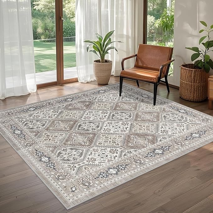 Area Rug for Living Room - 6x9 Vintage Taupe Neutral Washable Rug for Bedroom Dinning Room - Soft Low-Pile Oriental Carpet Non-Slip Tan Rugs for Office - Soft Brown