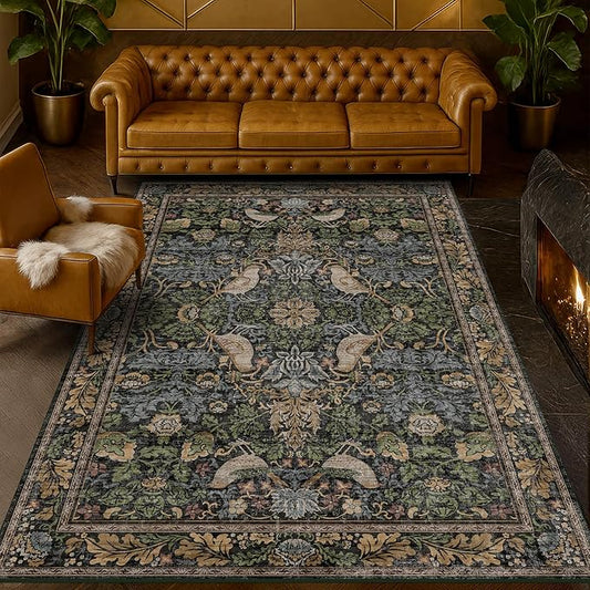 Boho Living Room Rug 5x8 - Dark Green Rugs 5x8 for Bedroom, Dinning Room, Office with Vintage Forest Farmhouse Botanical & Bird Design, Non Slip Stain Resistant Low Pile - Brown