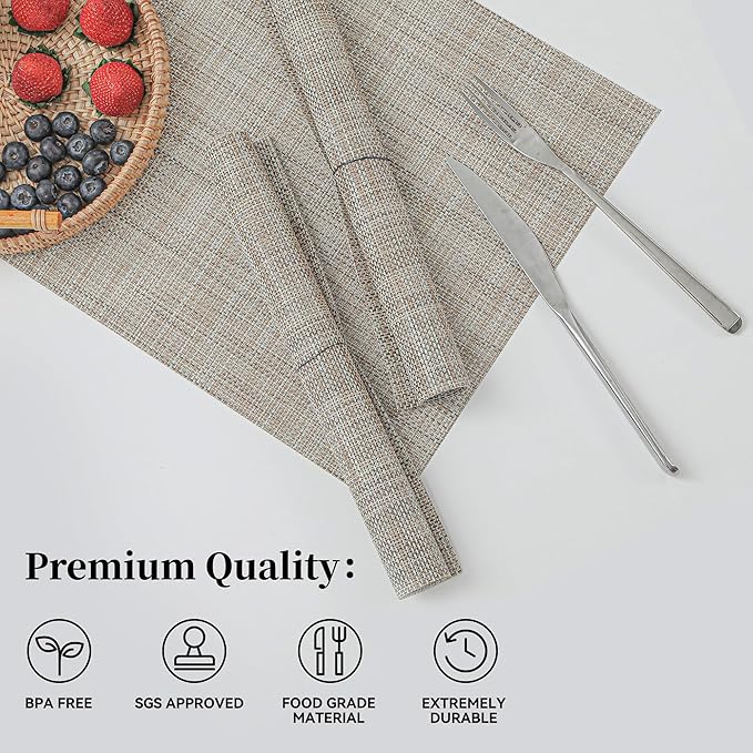 Leetaltree Linen Yellow Placemats Set of 8 - Heat Resistant Non-Slip Place mats for Dining Table, Washable Durable PVC Vinyl Woven Table Mats（Linen Yellow, 8）