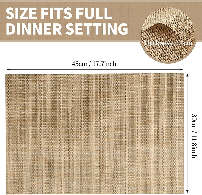 Beige Placemats Set of 8-Durable PVC Vinyl Woven Place Mats for Dining Table Heat Resistant Non-Slip Washable Indoor/Outdoor Table Mats 12 * 17 inch