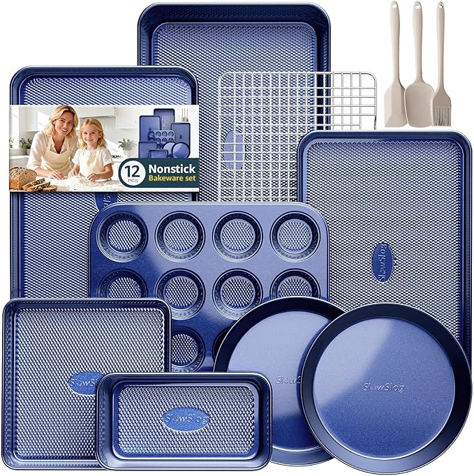12-Piece Oven Safe Nonstick Bakeware Set with Baking Pan, Cake Pan, Muffin Pan, Loaf Pan, Square Pan, Roasting Pan, Cookie Pan, Cooling Rack & Utensils - Ceramic Coated Blue