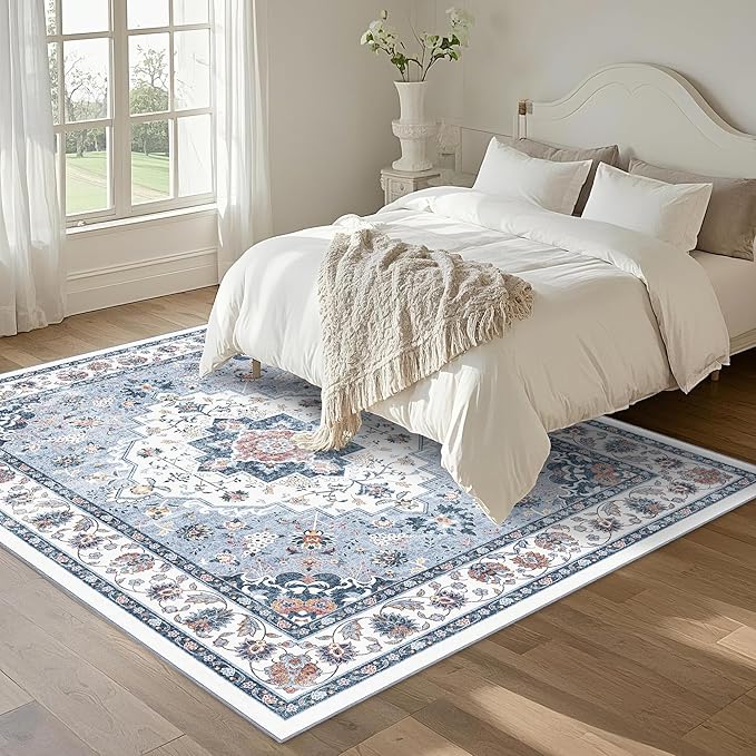 Area Rug for Living Room - Vintage Indoor Machine Washable Rug for Bedroom Dinning Room Floor - Soft Low-Pile Carpet Non-Slip Backing Floral Rugs for Office (Blue White, 6' × 9')