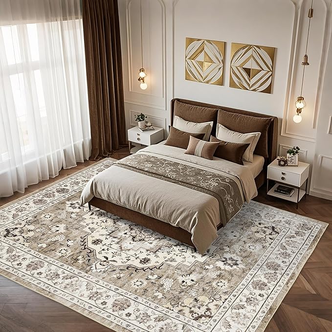 Area Rug for Living Room - Vintage Indoor Machine Washable Rug for Bedroom Dinning Room Floor - Soft Low-Pile Carpet Non-Slip Backing Floral Rugs for Office (Ivory/Beige, 9' × 12')