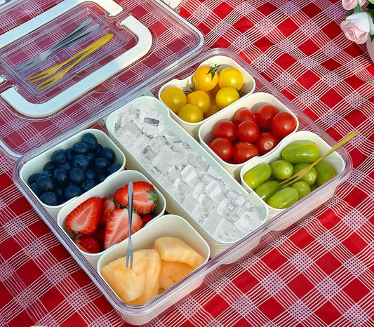 Divided Serving Tray with Lid and Handle, Snackle Box Container Portable Snack Platters with 7 Compartments & Forks, Ice Chilled Organizer for Fruits, Veggies, Salad, Perfect for Entertaining,Picnic