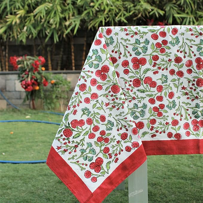 Ridhi Garnet Red Hand Block Print Cotton Rectangle Tablecloth 108 x 70 inch-Reusable Table Cover Decorative Everyday Use for Dining Room, Farmhouse, Thanksgiving, Christmas Wedding, Fall
