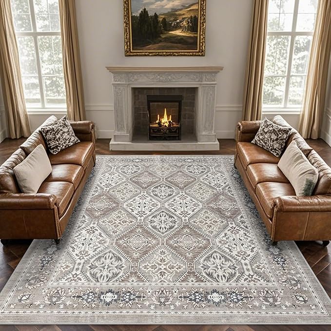 Area Rug for Living Room - 8x10 Boho Vintage Taupe Neutral Washable Rug for Bedroom Dinning Room - Soft Low-Pile Oriental Carpet Non-Slip Tan Rugs for Office - Soft Brown