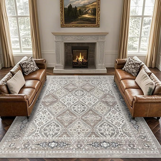 Area Rug for Living Room - 8x10 Boho Vintage Taupe Neutral Washable Rug for Bedroom Dinning Room - Soft Low-Pile Oriental Carpet Non-Slip Tan Rugs for Office - Soft Brown