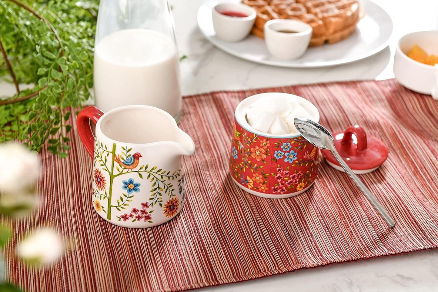 Bico Red Spring Bird Ceramic Sugar and Creamer Set, Sugar Bowl with Lid, Cute Container for Coffee Bar, Kitchen Countertop Accessories, Microwave and Dishwasher Safe
