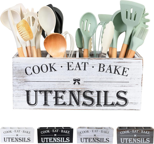 Utensil Holder,Extra Large Wooden Utensil Holder For Kitchen Counter,Cooking Spatula Organizer,Big Storage Caddy With 4 Compartments Flatware Spoon Tool Cutlery（Retro White）