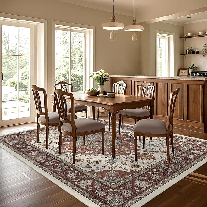 Area Rug for Living Room - Vintage Indoor Machine Washable Rug for Bedroom Dinning Room Floor - Soft Low-Pile Carpet Non-Slip Backing Floral Rugs for Office (Brick/Ivory, 8' × 10')