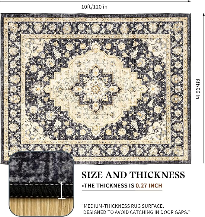 Area Rug for Living Room - Indoor Machine Washable Vintage Rugs for Bedroom Dinning Room Floor Carpet Non-Slip Backing Rugs Floral Soft Low-Pile Office Rug (Black/Beige, 8' × 10')