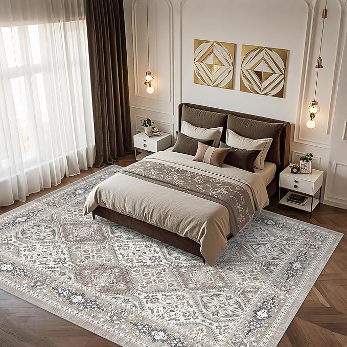 Area Rug for Living Room - 8x10 Boho Vintage Taupe Neutral Washable Rug for Bedroom Dinning Room - Soft Low-Pile Oriental Carpet Non-Slip Tan Rugs for Office - Soft Brown